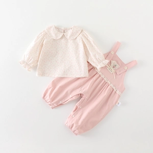 Baby Girl Spring Cotton Clothing Set Floral Long Sleeve Shirt Pink Lace Overalls Two Piece Outfits Peter Pan Collar Infant Jumpsuit