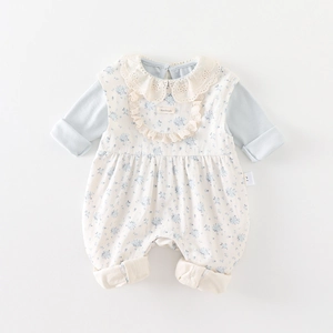 Floral baby girl bodysuit with lace collar and long sleeves in light blue and cream colors