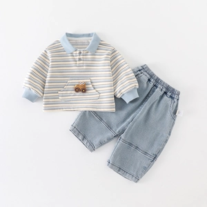 Toddler Boy Casual Striped Polo Shirt And Denim Pants Two Piece Set Long Sleeve Cartoon Car Embroidered Kids Clothing Outfit