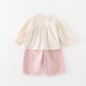 Toddler girl floral long-sleeve top and pink pants set with delicate lace details