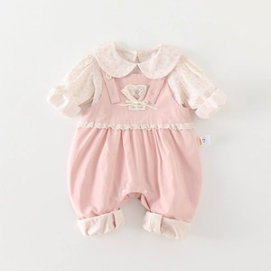 Spring baby girl floral long sleeve top and pink lace overall trousers two-piece set