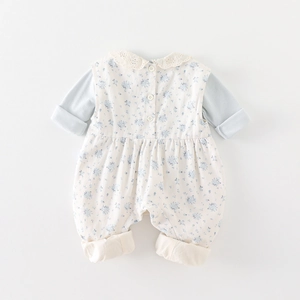 Infant girl floral romper with white lace collar and blue floral vest overlay suit