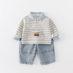 Boys striped long-sleeve POLO shirt and soft denim jeans two-piece toddler outfit