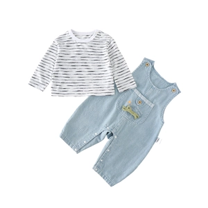 Infant striped long sleeve top with denim overall pants featuring a green crocodile patch