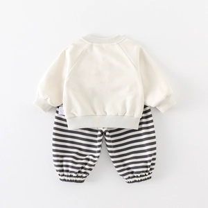 Infant boys' long sleeve cream sweatshirt and black striped joggers two-piece outfit set