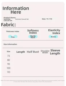 Detailed size chart for baby summer casual set including measurements from size 73 to 110