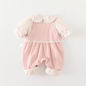 Spring baby girl two-piece set with floral long sleeve shirt and pink lace bib overalls