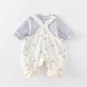 Infant floral rabbit overall set with lilac long sleeve top and soft cotton overalls
