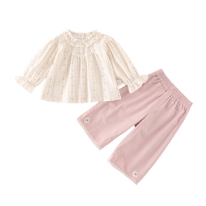 Toddler girl floral long sleeve shirt and pink wide leg trousers casual two-piece outfit
