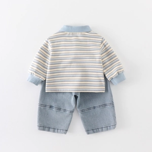 Toddler boys striped long sleeve polo shirt and blue denim pants two-piece spring set