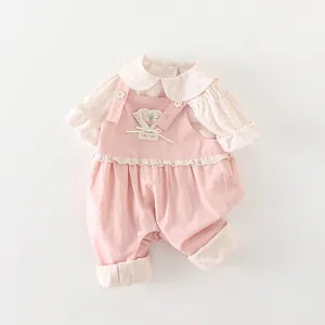 Pink floral cotton baby overall set with Peter Pan collar and sweet lace details