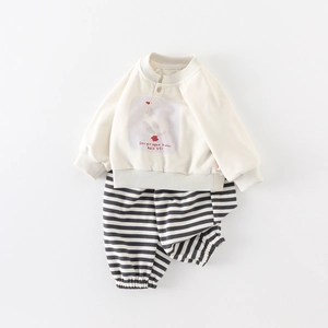 Infant long sleeve swan sweatshirt and striped pants casual two-piece spring outfit set