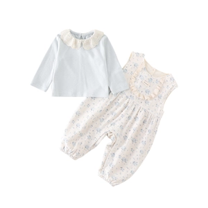 Infant floral romper set with light blue lace collar top and ruffled overalls