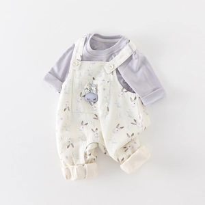 Infant floral overalls set with lavender long sleeve top and cute rabbit print overall