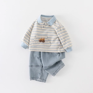 Kids long sleeve striped polo shirt with cartoon car patch and matching denim pants