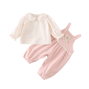 Pink floral cotton long sleeve top and suspender trousers two-piece outfit for baby girls
