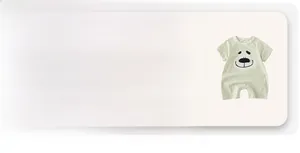 Detail of short-sleeved baby bodysuit in light green with a cute cartoon bear print