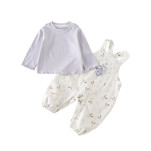 Infant floral rabbit overall set with lilac long sleeve top and embroidered bunny