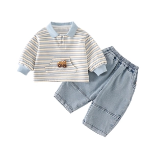 Boys striped long-sleeved polo shirt and casual pants set for toddlers in spring