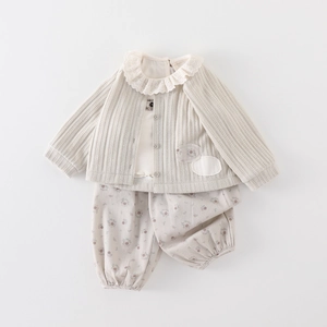 Kleinkinder Mädchen 3-Teiler Frühlingsoutfit mit Strickjacke Spitzenkragen und Blumenhose