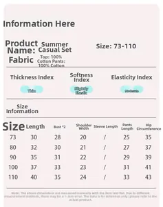 Size chart for girls cotton summer set including top length, bust, and pants dimensions