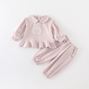Ensemble Deux Pièces Bébé Fille Mélange de Coton Col Claudine Volants Applique Dentelle Sweat et Pantalon Printemps