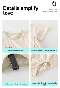 Detailed views of baby bodysuit featuring snap neckline and fluorescent-free knit fabric