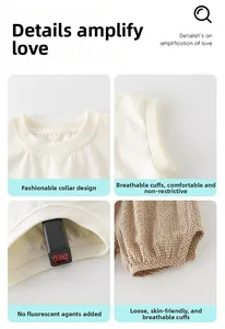 Detailed views of cotton baby set showing breathable neckline and fluorescent-free fabric