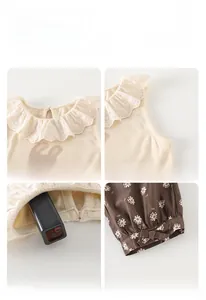 Detail of baby sleeveless top with lace collar and floral shorts showing non-fluorescent safety