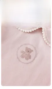 Détail du cardigan rose pour bébé en maille côtelée avec col en dentelle et broderie ours