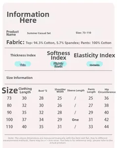 Size chart for baby summer cotton set including fabric details and measurements