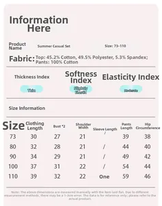 Size chart for summer infant rabbit cartoon sleeveless top and pants set in cotton blend