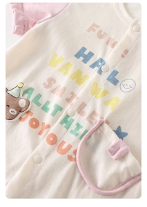 Detail eines Baby-Bodys aus Baumwolle mit Strickstruktur und farbenfrohem Buchstabendruck