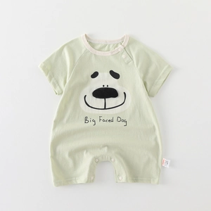 Short sleeve light green baby romper with cute big faced dog cartoon print