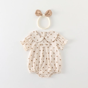 Baby girl polka dot romper with Peter Pan collar and matching bow headband set