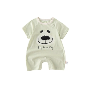 Short sleeve baby romper in light green cotton with cute cartoon dog print