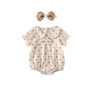 Baby girl short sleeve polka dot romper with Peter Pan collar and matching headband set