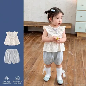 Girl Summer Cotton Floral Sleeveless Shirt With Ruffled Bow And Lantern Shorts Casual Princess Two Piece Clothing Set