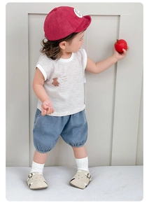 Detail of toddler summer outfit with striped bear tank top and blue denim bloomers