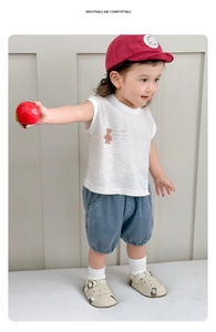 Detail of baby boy cotton striped vest and blue shorts with cute bear print