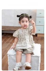 Floral puff sleeve top and khaki shorts set for girls with lace and flower buttons