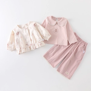 Ensemble de Vêtements 3 Pièces pour Fillette Veste à Col Claudine Chemise Manches Longues Pantalon Dentelle Imprimé Ours