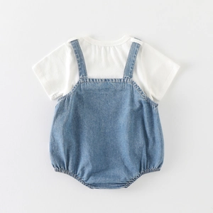 Infant two-piece set featuring white t-shirt and light blue denim bubble overalls