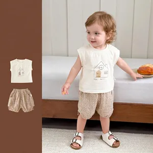 Baby Boy Summer Clothing Set Sleeveless Cartoon House Print Tank Top And Gingham Shorts Cotton Breathable Toddler Outfit