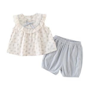 Girls floral sleeveless top with ruffle collar and light blue shorts two-piece summer set