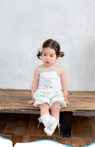 Detail of toddler girl summer set featuring a mint green floral tank top and shorts
