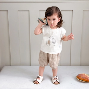 Baby boy summer two-piece outfit with white sleeveless cartoon tee and plaid shorts set