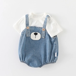 Infant two-piece set with white short-sleeve t-shirt and blue denim bear overalls