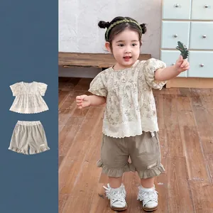 Toddler Girl Summer Cotton Clothing Set Floral Puff Sleeve Top Lace Trim And Ruffled Shorts Pastoral Casual Outfit