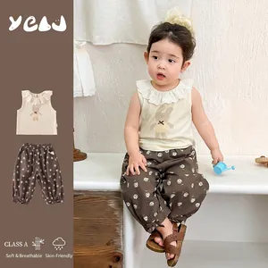 Toddler Girl Summer Sleeveless Lace Collar Rabbit Top And Floral Lantern Pants Outfit Cotton Breathable Casual Clothing